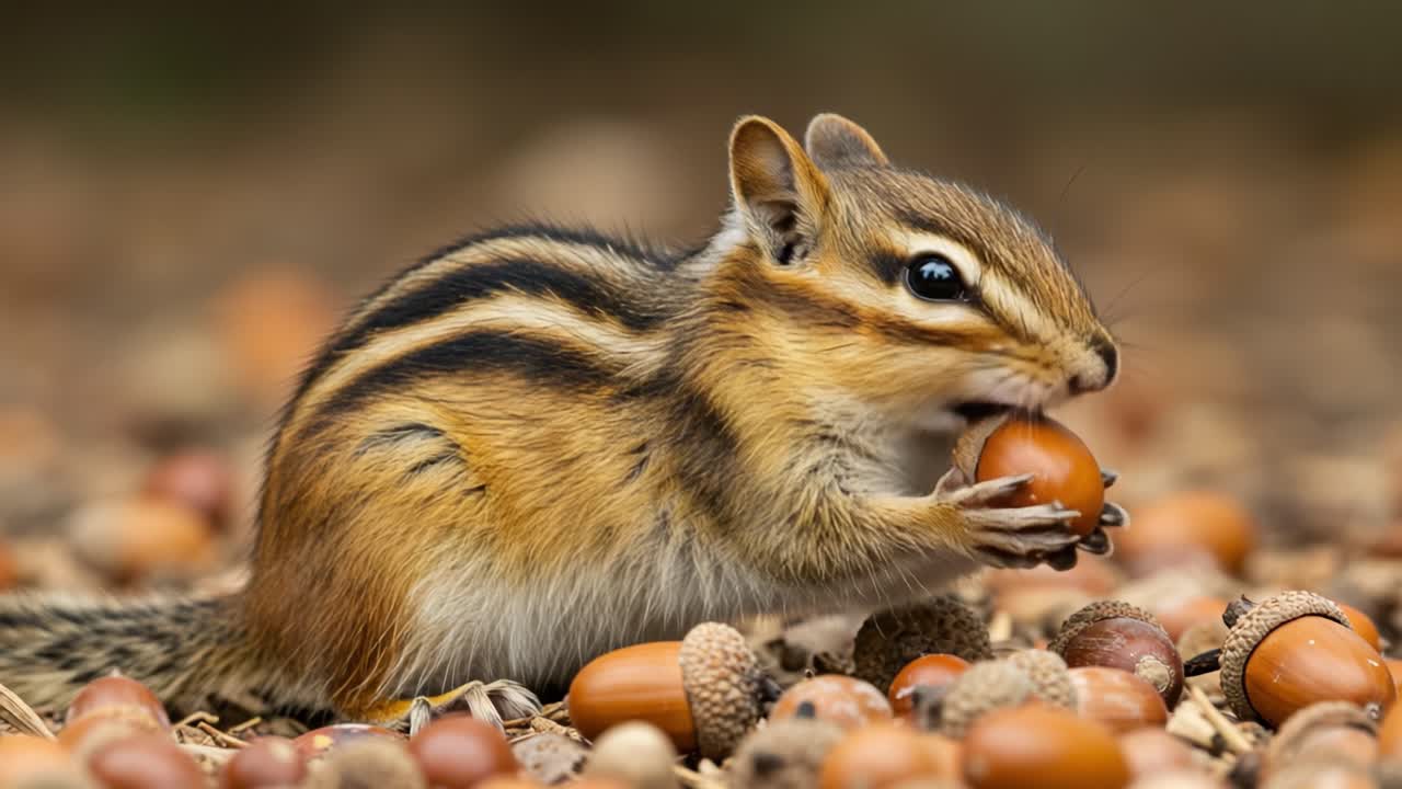 A chipmunk skillfully collects and enjoys acorns in a natural setting, highlighting its adaptability and resourcefulness in foraging for food