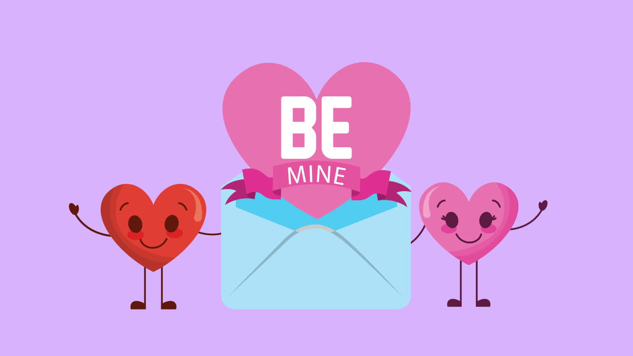 사랑의 커플 심장과 봉투 문자를 가진 발렌타인 카드