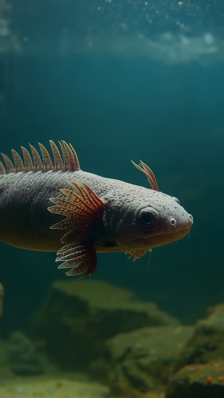 Video verticale: pesce grande che entra da sinistra e scivola in una vasca di acqua dolce con pinne rosse