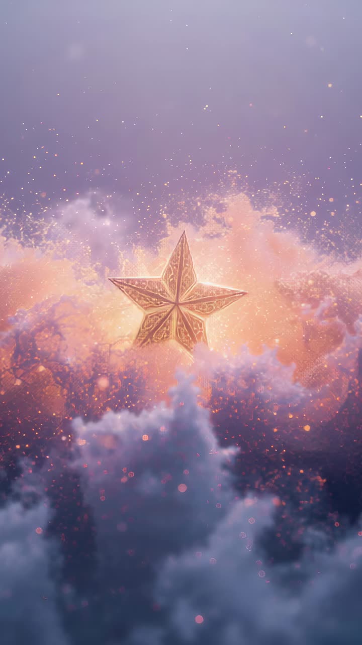 Vertical video: Rotating ornate star brightening with backlight growing over clouds, embers falling