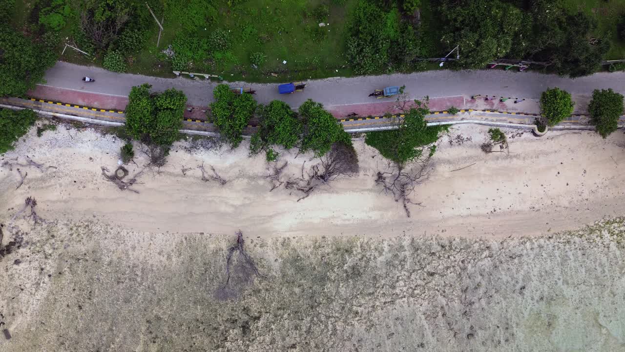 Static zenithal drone shot shows vehicles moving beside sandy beach and dense vegetation