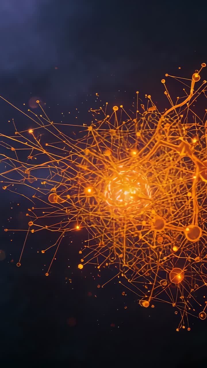 Vertical video: Emerging orange core radiating filaments branching in void right side, copy space