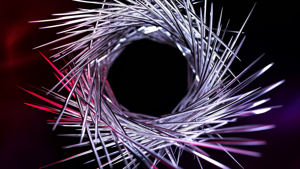 Metallic Spiral Vortex Beneath Neon Glow Sharp Chrome Rods Form Rotating Ring Around Black Center, Purple