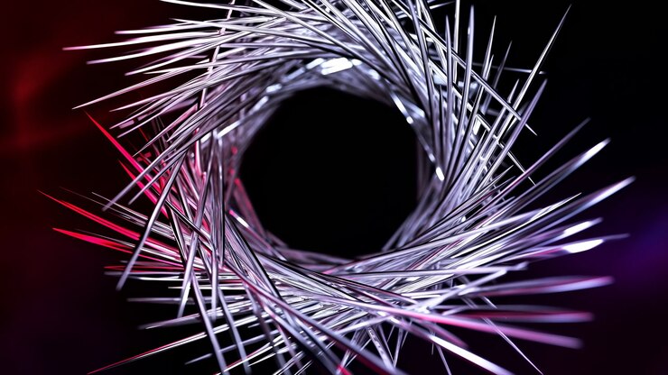 Metallic Spiral Vortex Beneath Neon Glow Sharp Chrome Rods Form Rotating Ring Around Black Center, Purple