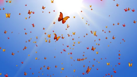 enjambres de mariposas monarca azules volando sobre la pantalla de fondo de bucle de pantalla verde,