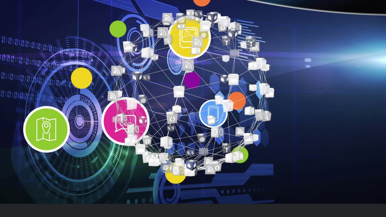 파란색 배경에 디지털 아이콘과 스 ⁇  스캐닝을 가진 지구의 애니메이션