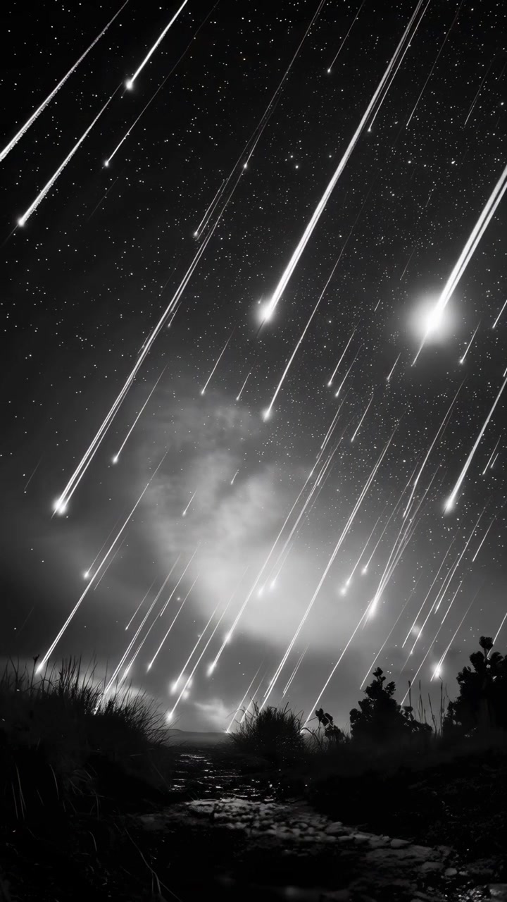 Dramatisk svart-hvitt meteorregn over mørkt landskap