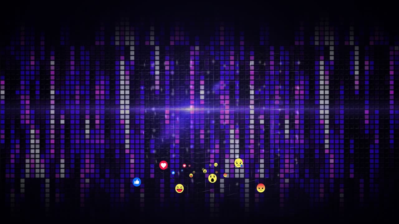 Central cluster pulsing, reaction icons emerging, drifting outward, growing, visualizing engagement