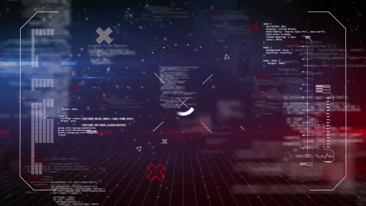 Animation of data processing and scope scanning on black background