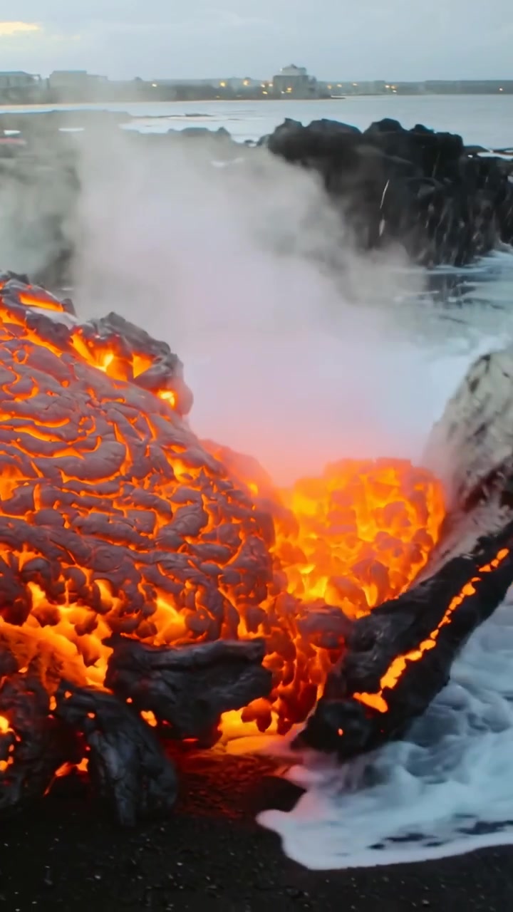 Vertical video: Flowing molten lava meeting sea waves on black rock, steaming and forming crust
