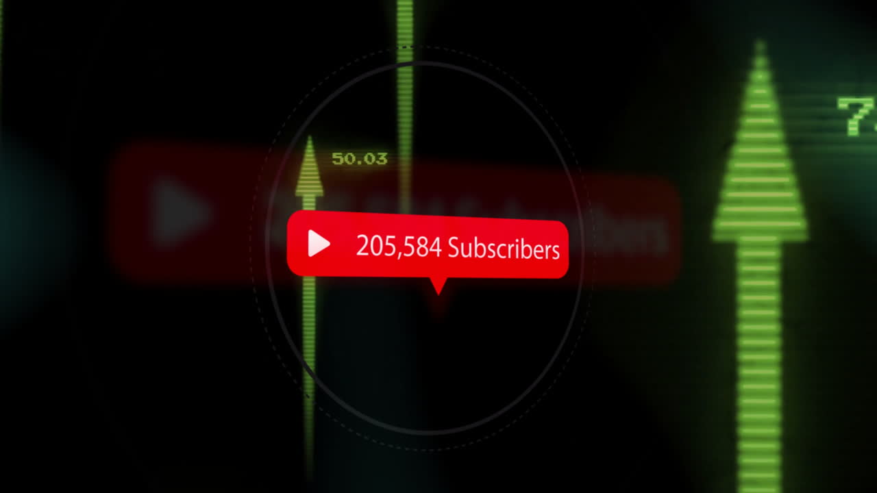Animation of red play button with 209,285 subscribers over green upward arrows