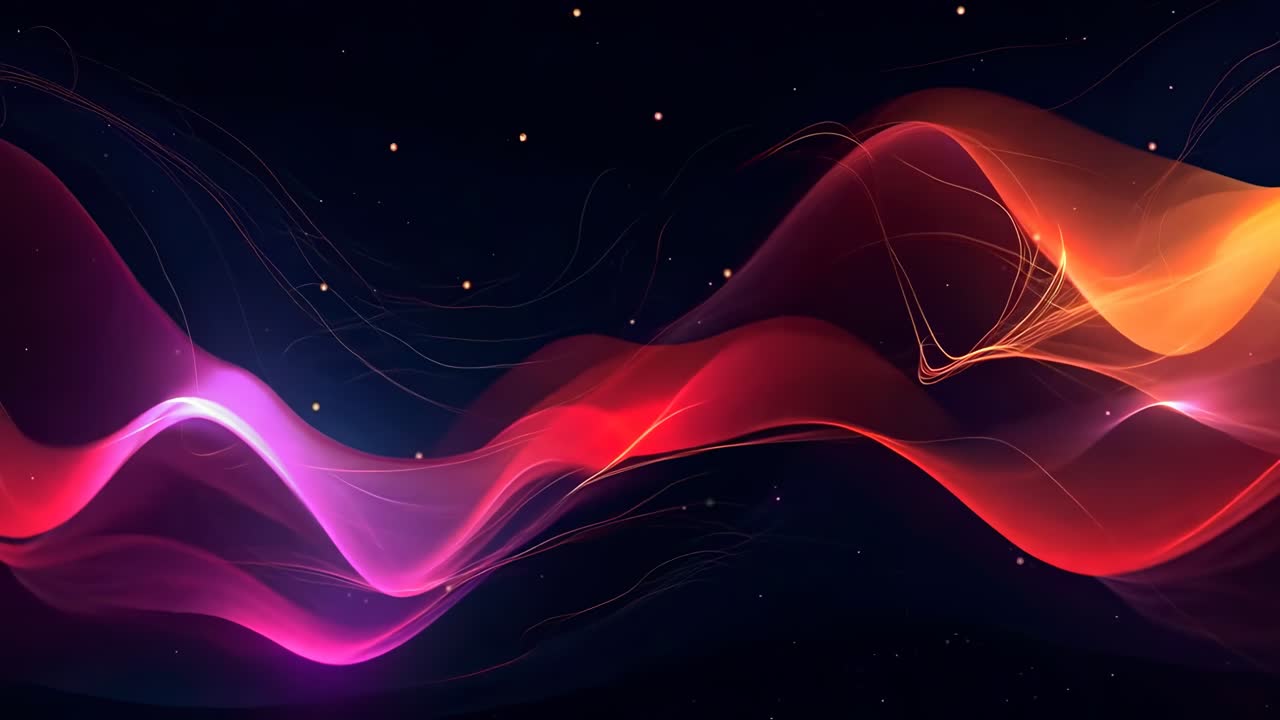 Abstract video concept with flowing, colorful waves and small glowing dots