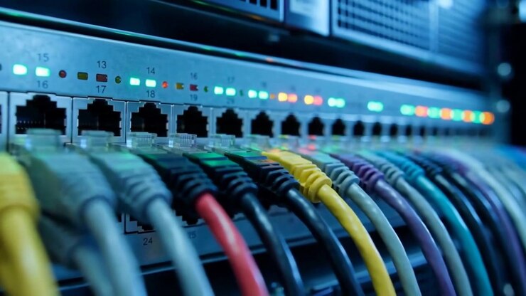 Server Rack Network Switch With Rows Of Colorful Connected Ethernet Cables