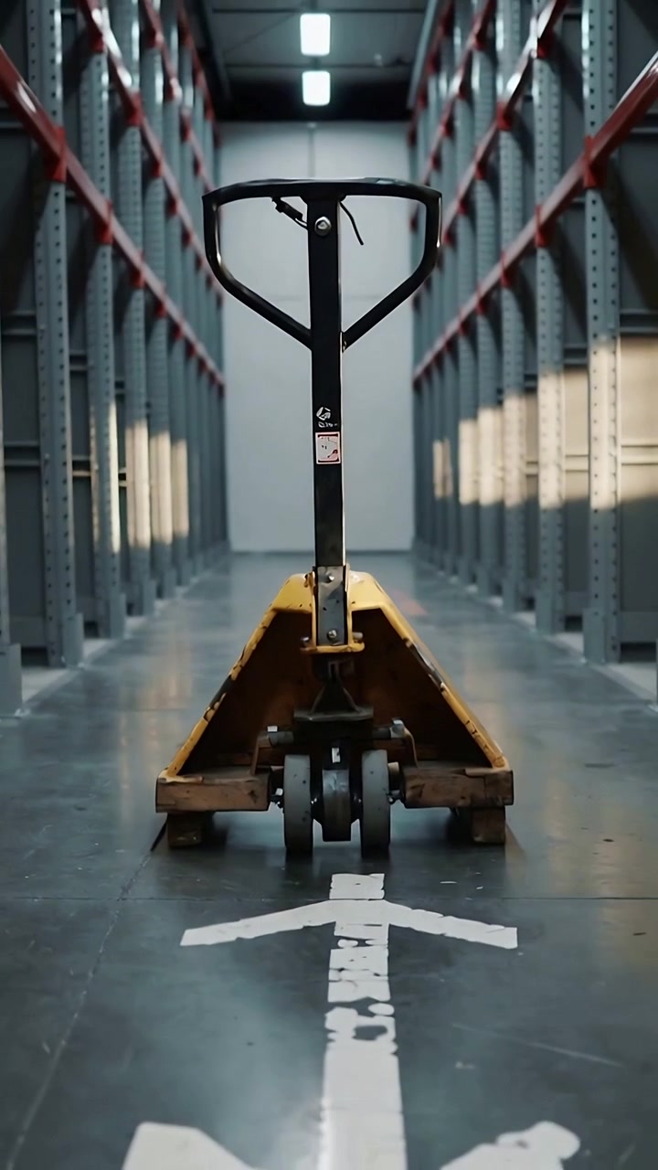 Vertical video: Pulling back camera showing yellow pallet jack in storage aisle, aligning to arrow
