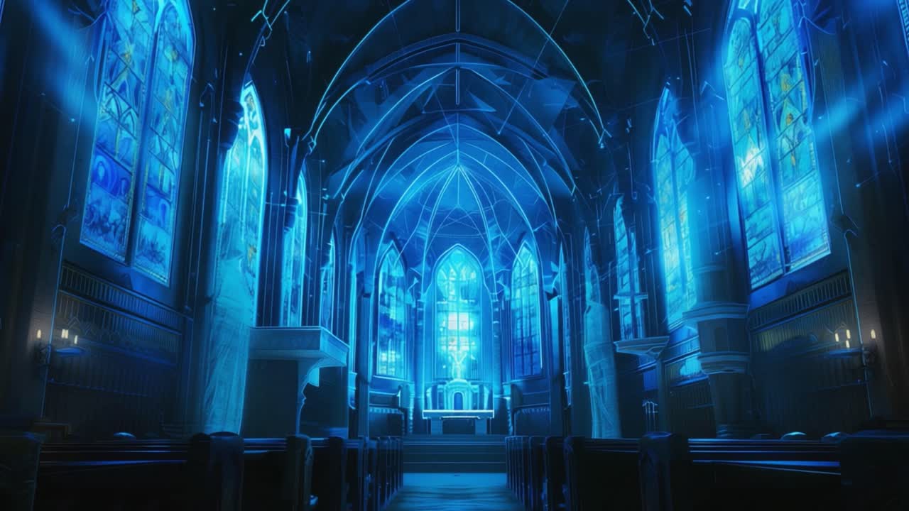Interior of a Blue Lit Church