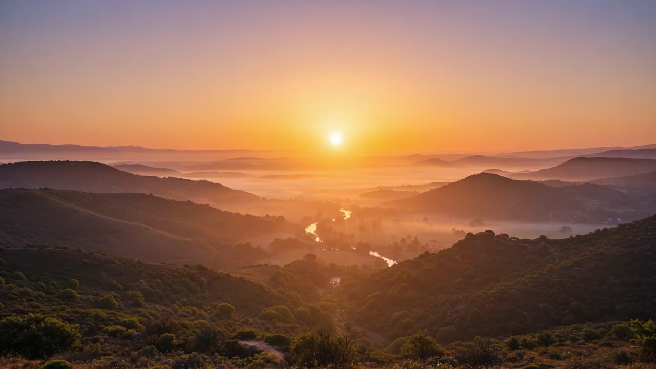 Nascer do Sol Deslumbrante Sobre Vale Sereno: Uma Bela Paisagem Revelando Névoa Matinal, Reflexos de Luz em Rio Calmo e Majestosas Colinas Ondulantes.