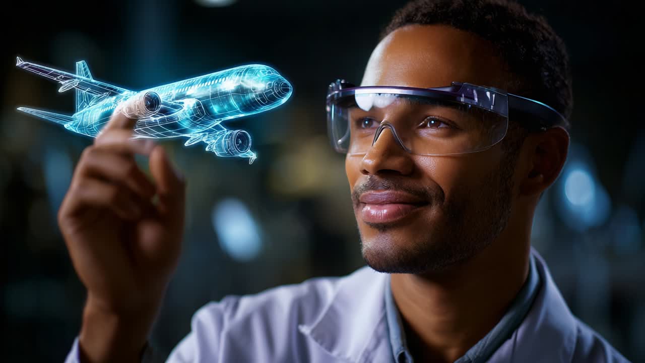 A futuristic visualization of aviation technology as a scientist interacts with a holographic airplane representation, showcasing innovation and creativity in aerospace engineering