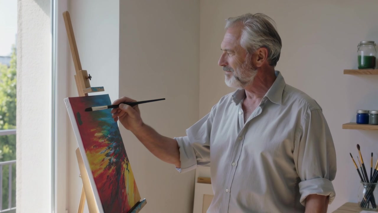 Un artista che dipinge con una camicia chiara, illuminato dal sole, pennella la tela su un cavalletto vicino alla finestra, con spazio per il testo.