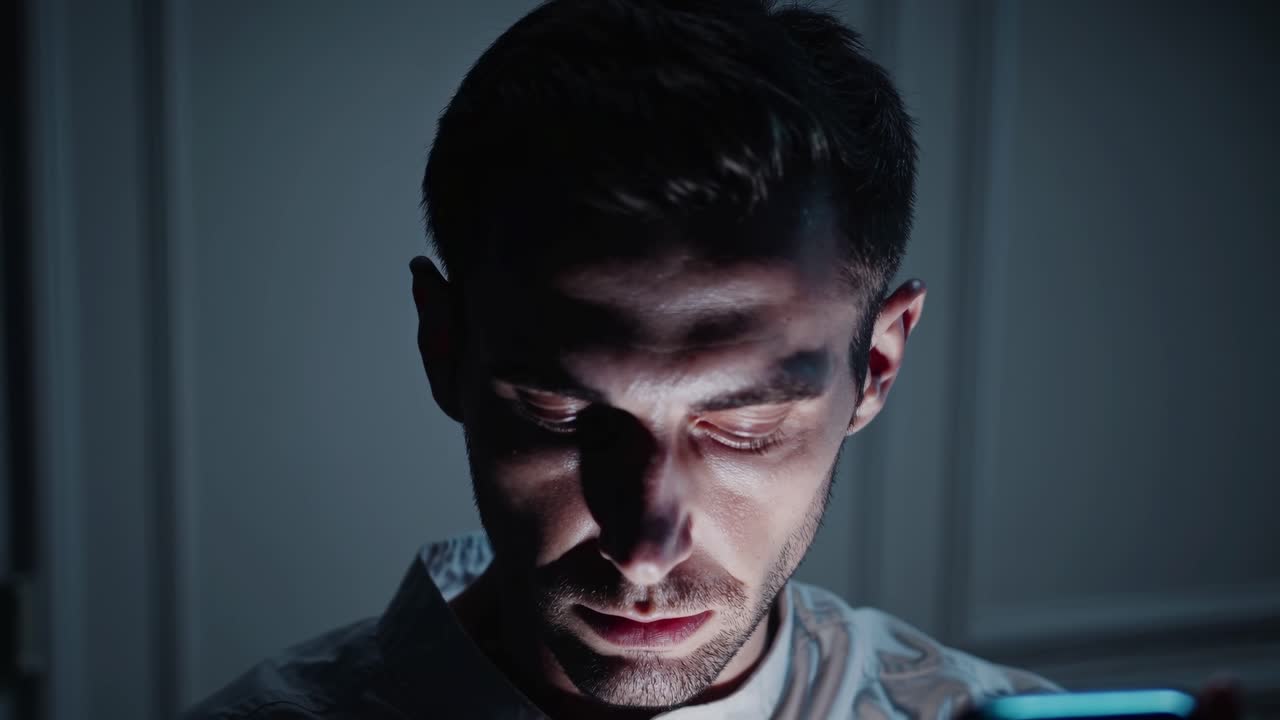 Young man in dimly lit room is deeply focused on his smartphone, showcasing the emotional connection to technology in a contemplative moment