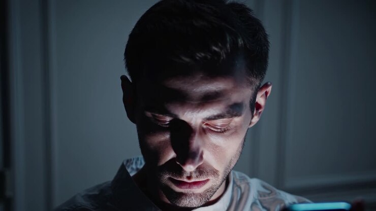 Giovane uomo in una stanza scarsamente illuminata, profondamente concentrato sul suo smartphone, che mostra la connessione emotiva con la tecnologia in un momento contemplativo