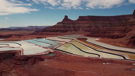 slow drone shot flying over the colorful potash ponds in utah