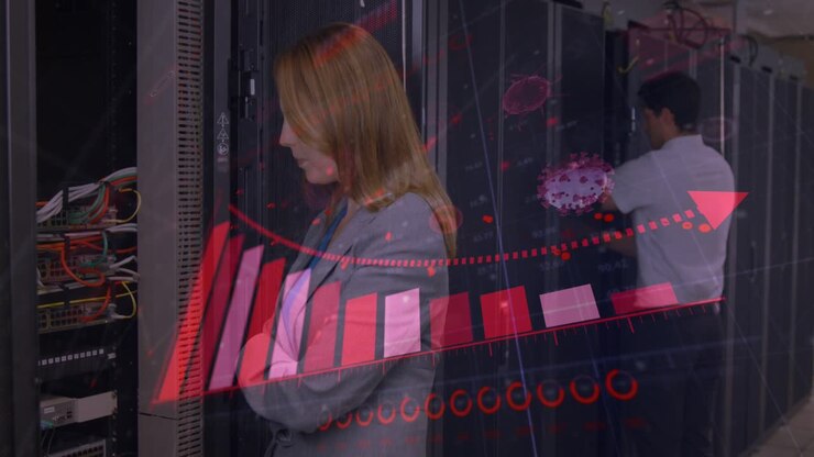 Animation of financial graphs over caucasian woman checking server wires