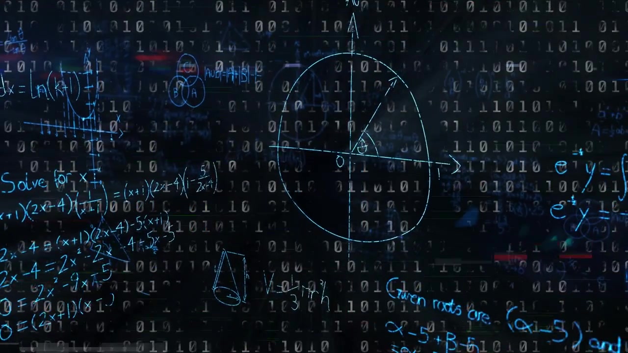 Scrolling binary matrix initiating neon-blue math marks drawing and expanding for visualizing math