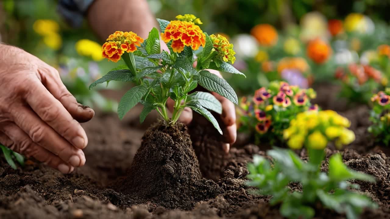 A Gardener's Dedication: Planting Vibrant Flowers in a Lush Garden to Enhance Nature's Beauty and Promote a Thriving Ecosystem Through Sustainable Practices