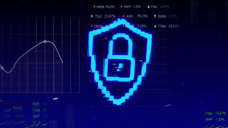 security padlock icon against financial and stock market data processing against blue background