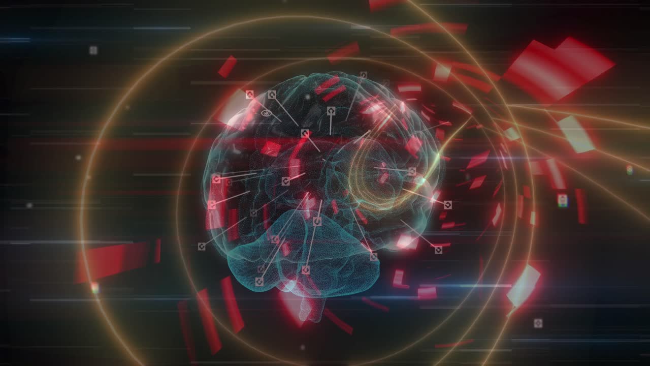 인간의 뇌는 검은 배경에 맞춰 빛나는 터널 위에서  ⁇  없이 회전합니다.