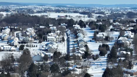 aerial view of winter in an american suburb