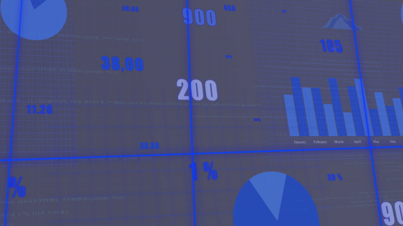 Animation of financial data processing over grid on grey background