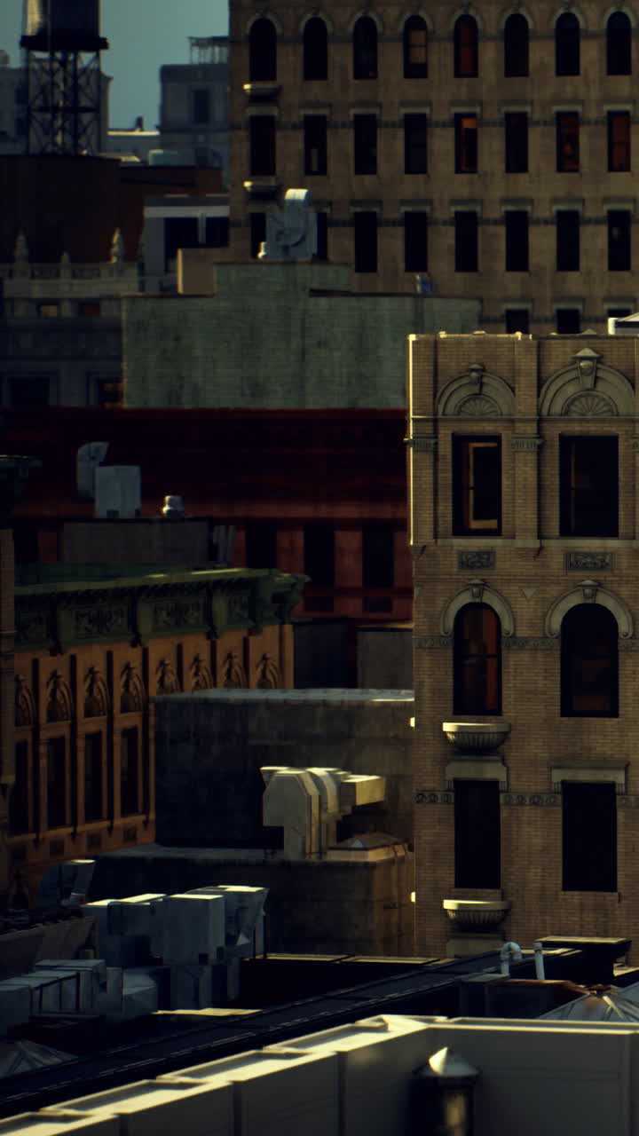 Vista di edifici e tetti in un'area urbana alla luce del tardo pomeriggio.