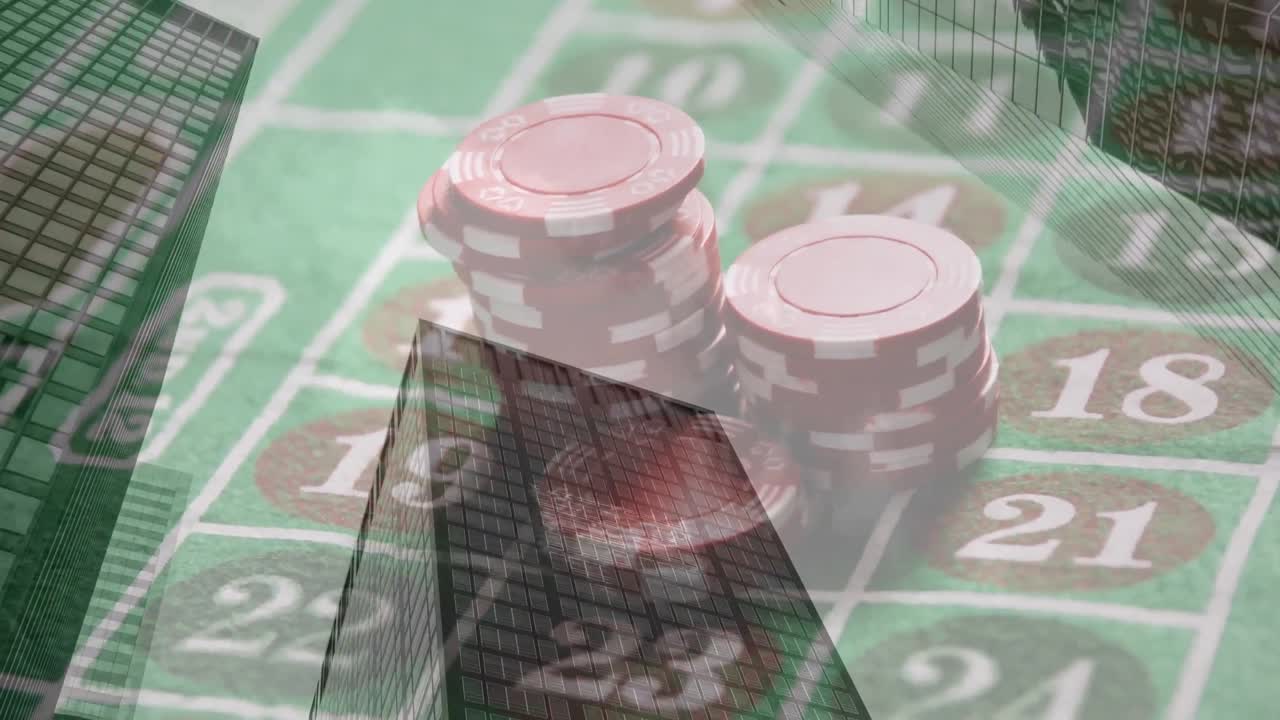 animación de fichas de juego a bordo sobre el paisaje urbano