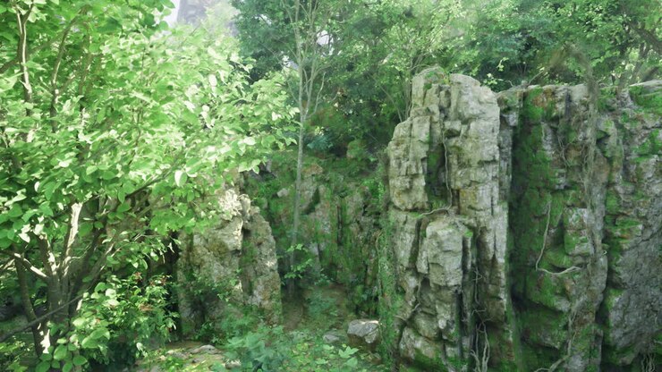Formazioni rocciose ricoperte di muschio, circondate da una vegetazione verdeggiante