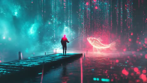 a man fishing a glowing fish in a cyberpunk lake