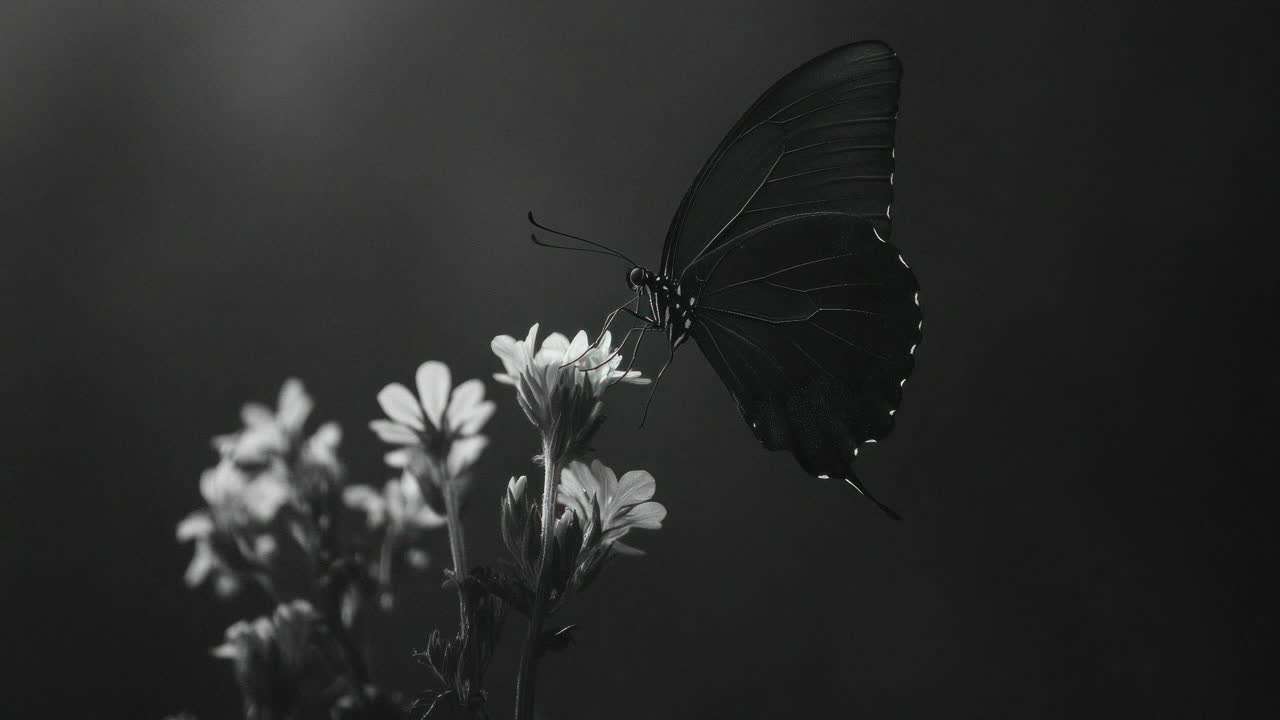 Monochrome close-up of a butterfly on flowers, captured from a side angle