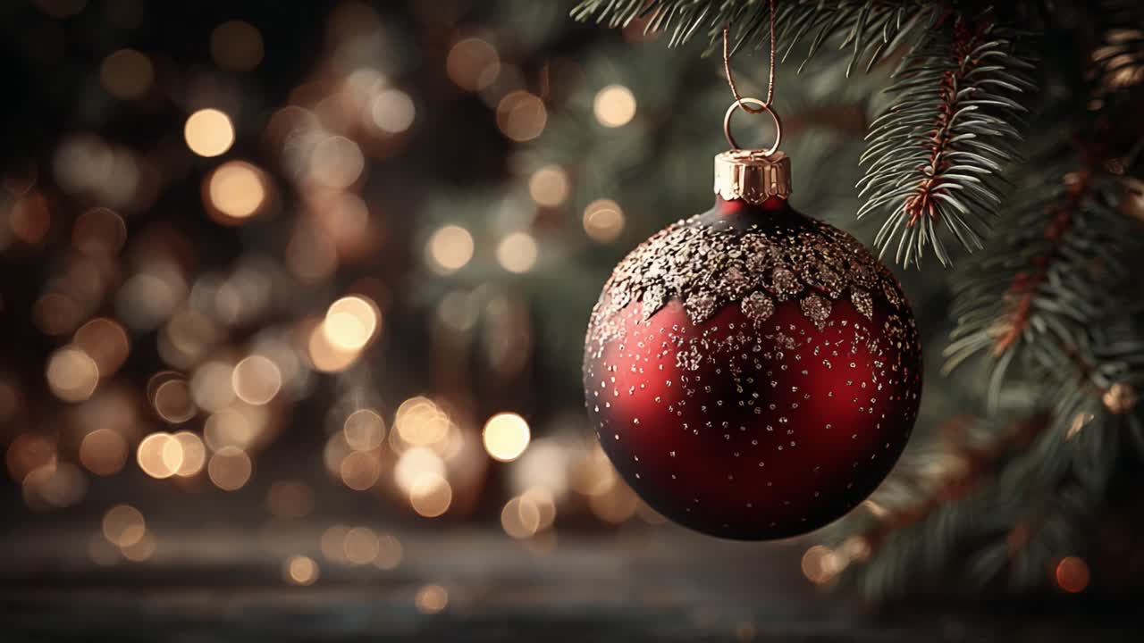 Un ornamento natalizio rosso, finemente realizzato, appeso a un albero di pino con luci scintillanti sullo sfondo, che crea una calda atmosfera festiva