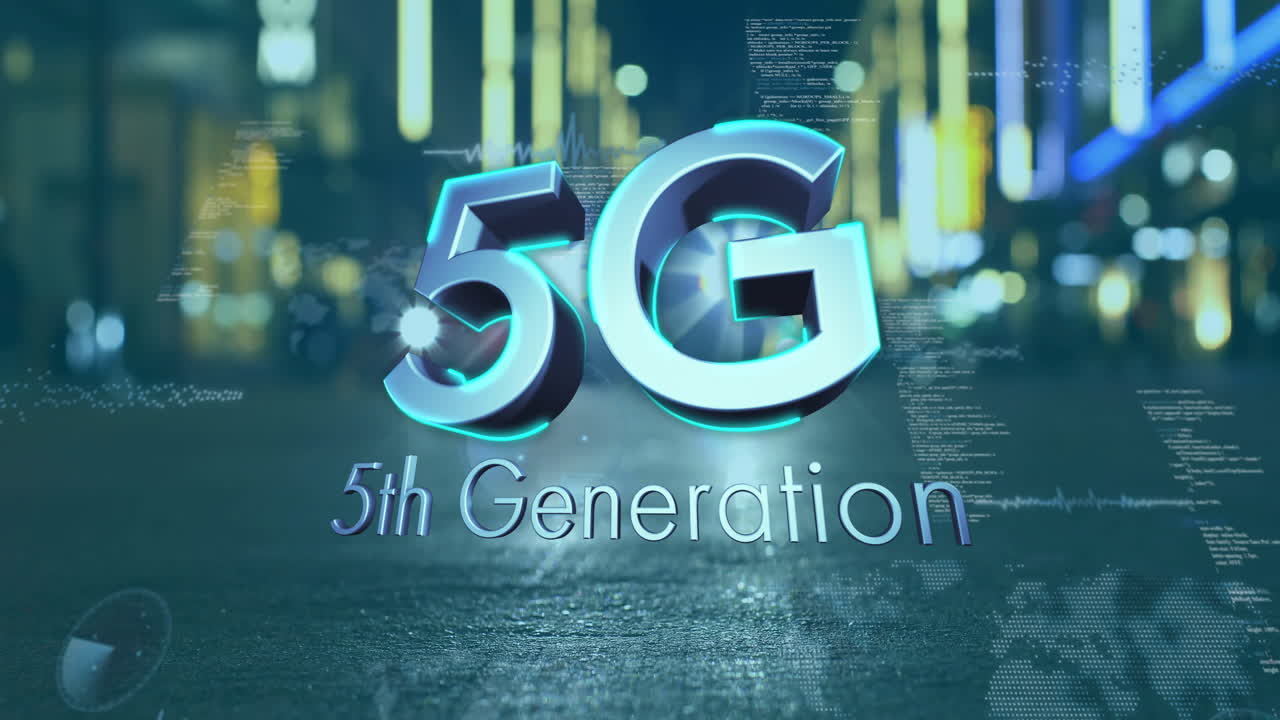 animación de texto de 5a generación sobre un fondo de luces borrosas de la ciudad