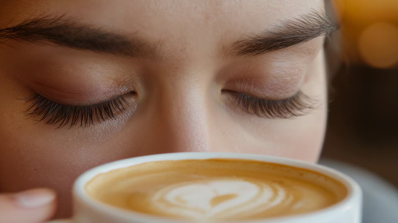Lifting cup, woman inhaling to savor latte aroma at cafe, showing ceramic cup with heart foam