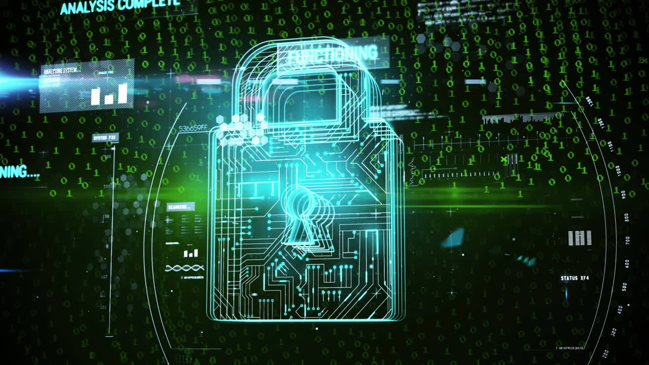 Animation of online security padlock, binary coding and data processing