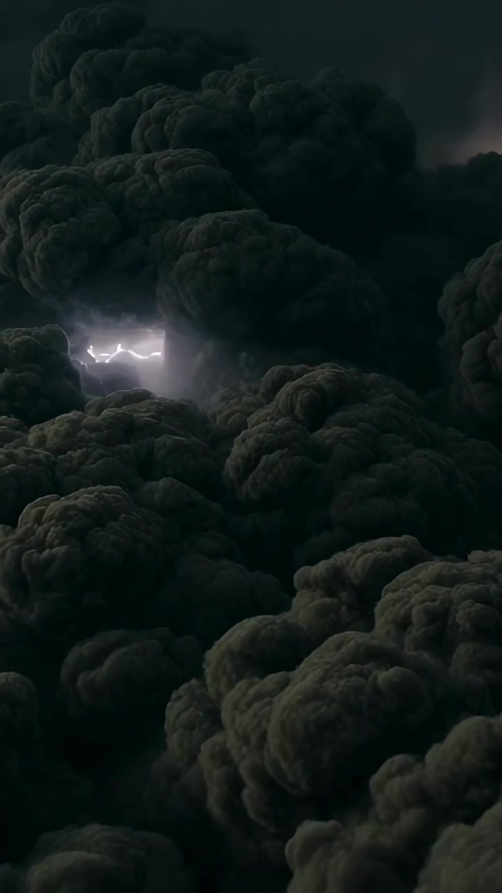 Vertical video: Shifting billowing storm cloud complex near cloud tops, flashes illuminating domes