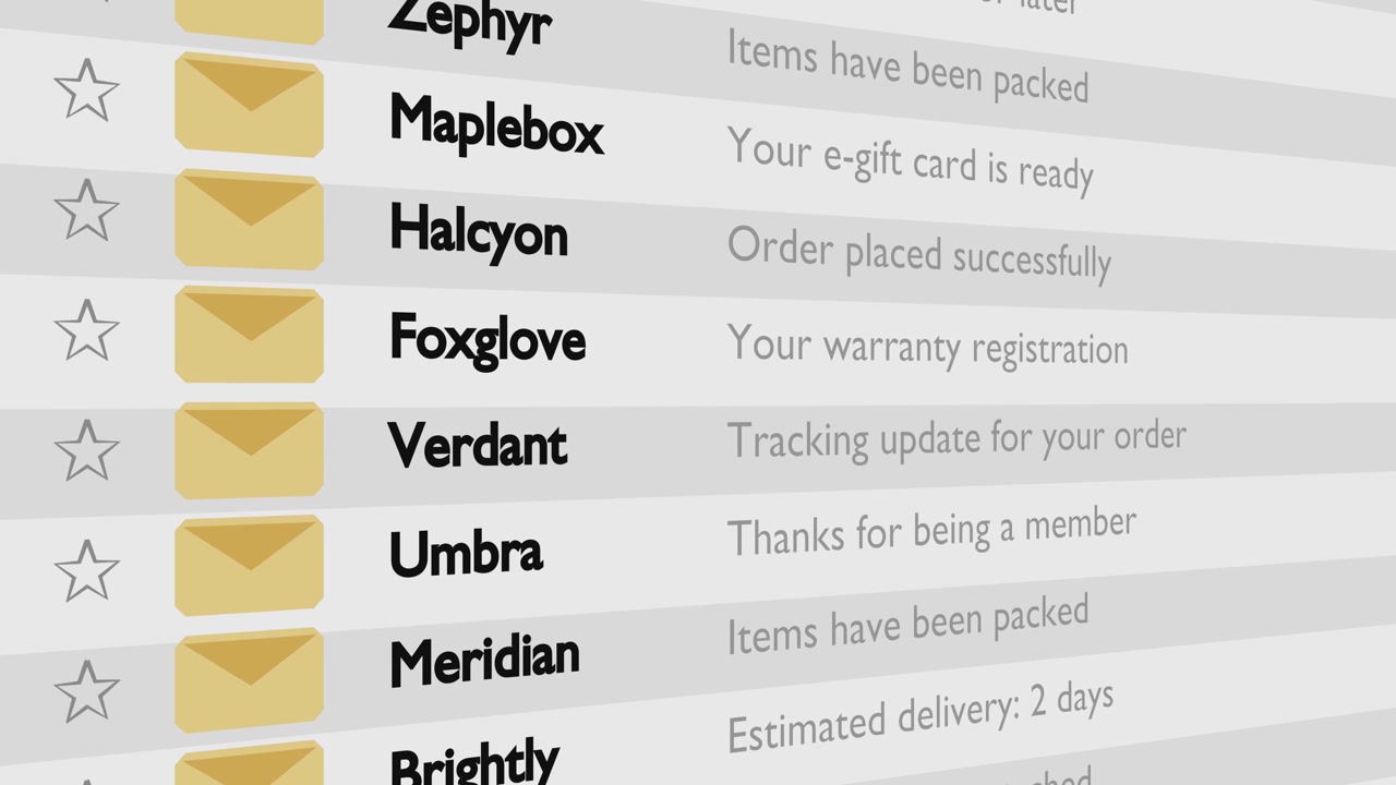 Seamless close-up shot of a digital inbox interface showing branded order, delivery, and tracking notification emails in soft lighting, ideal for illustrating e-commerce or workflow themes.