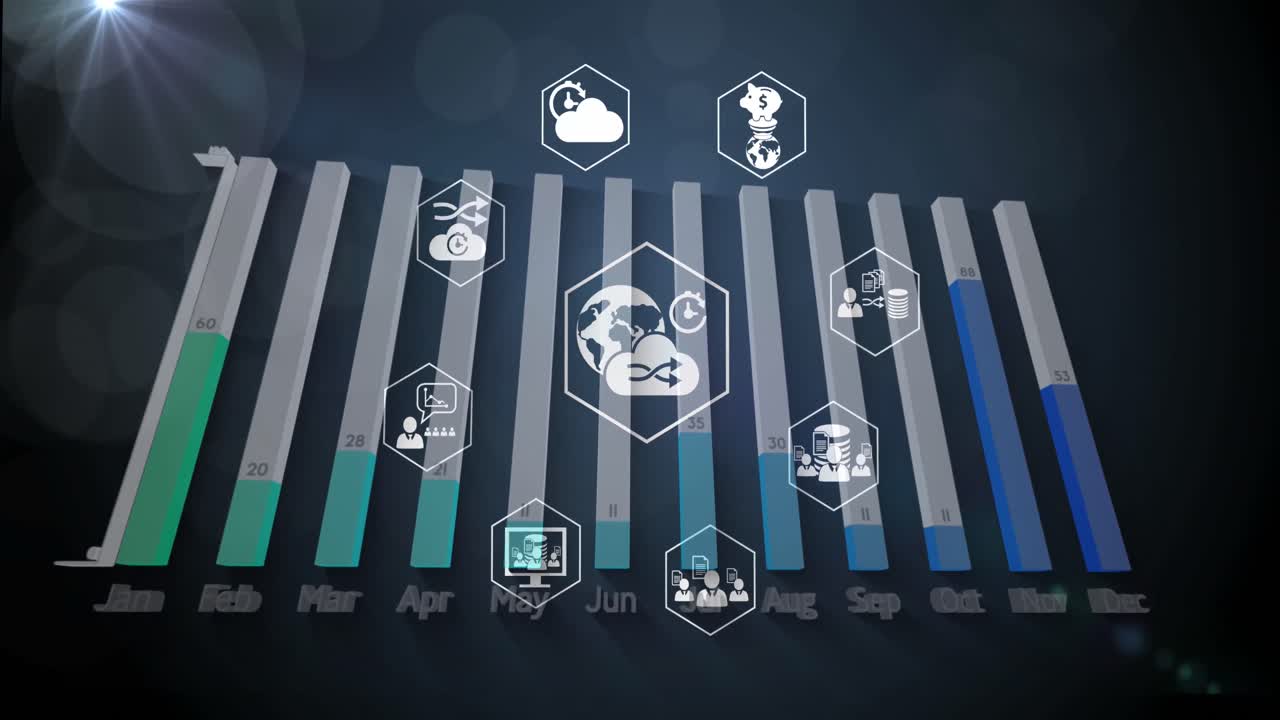 animación del procesamiento de datos sobre un fondo azul
