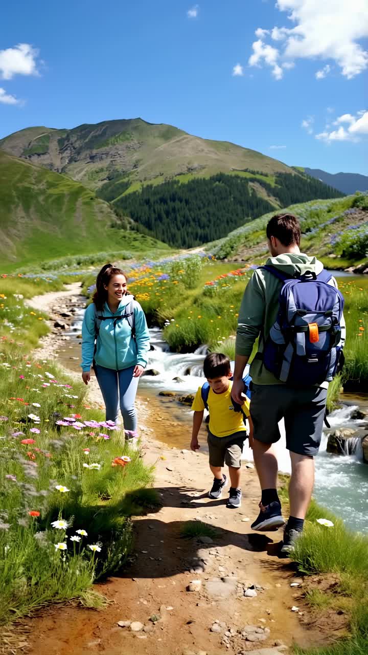 Parents and child exploring nature on a sunny day.