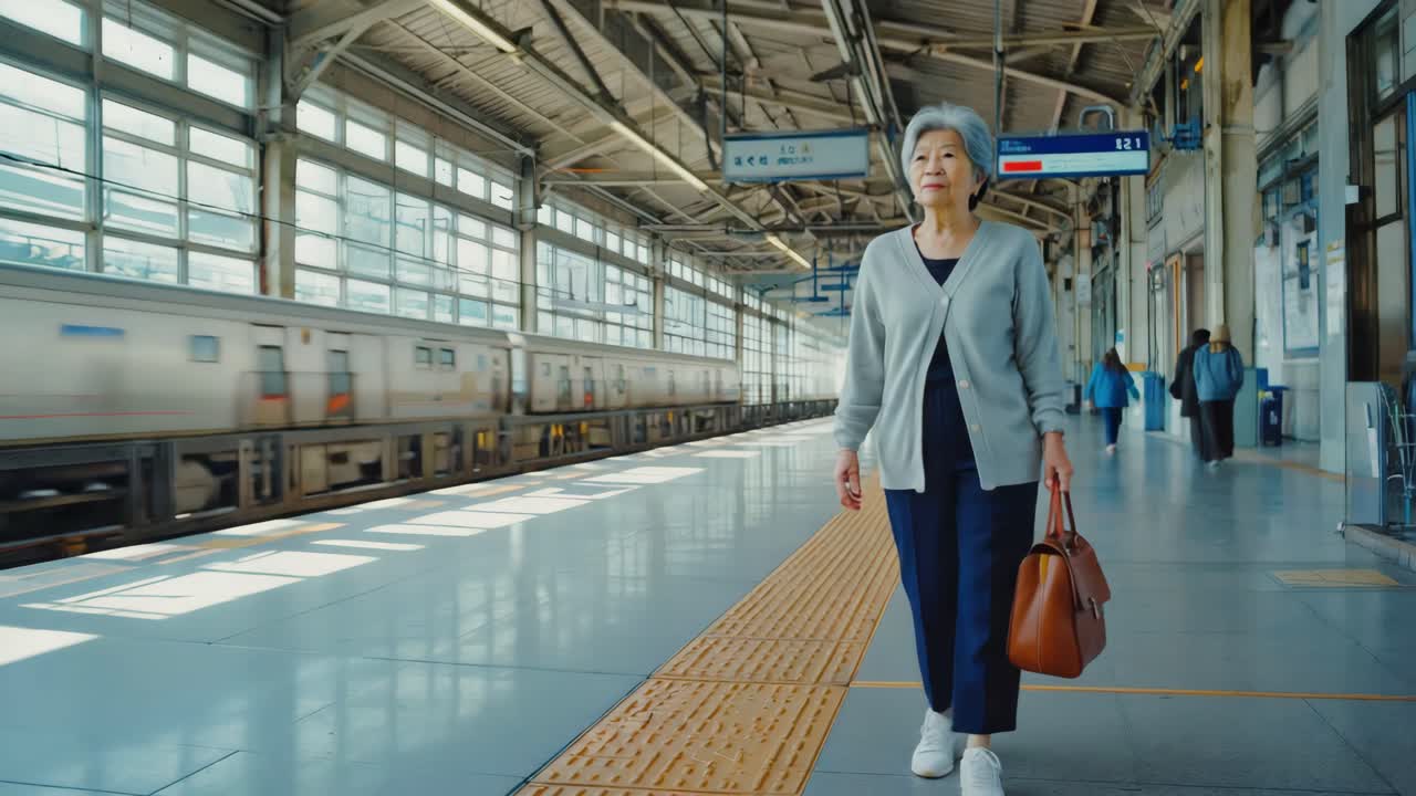 Elderly woman waiting for a train at the station