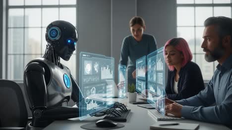 a dynamic meeting between humans and advanced ai: exploring innovations and collaborative solutions in a modern workspace