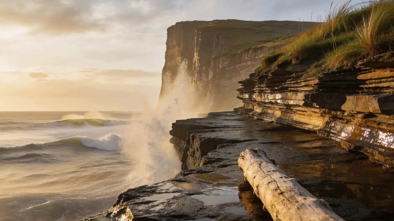 Rising swell striking rocky shoreline on sea ledge at golden hour, splashing around driftwood log