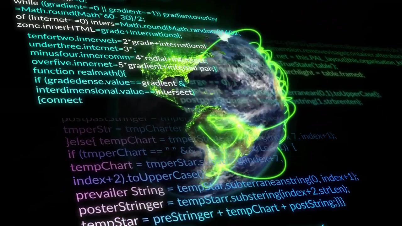 3D rotating Earth globe projecting neon-green network lines across digital void with floating code