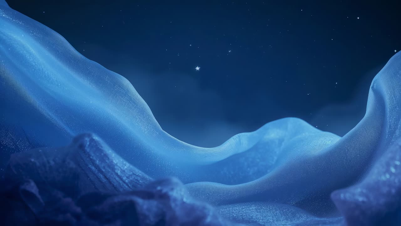 Brightening central point, blue undulating ridge forms shimmering at night, revealing stars